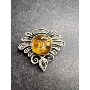 Vintage Sterling Silver Amber Sun Face Brooch Pin 925
